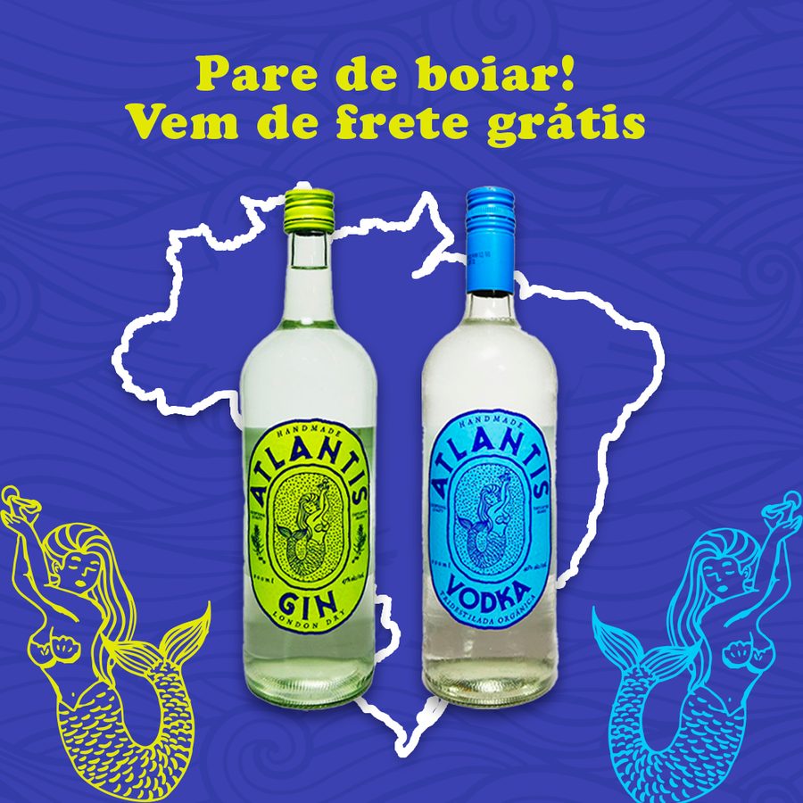 Peça Atlantis: garrafas de gin e vodka sobre o mapa do Brasil com o texto Pare de boiar, vem de frete grátis