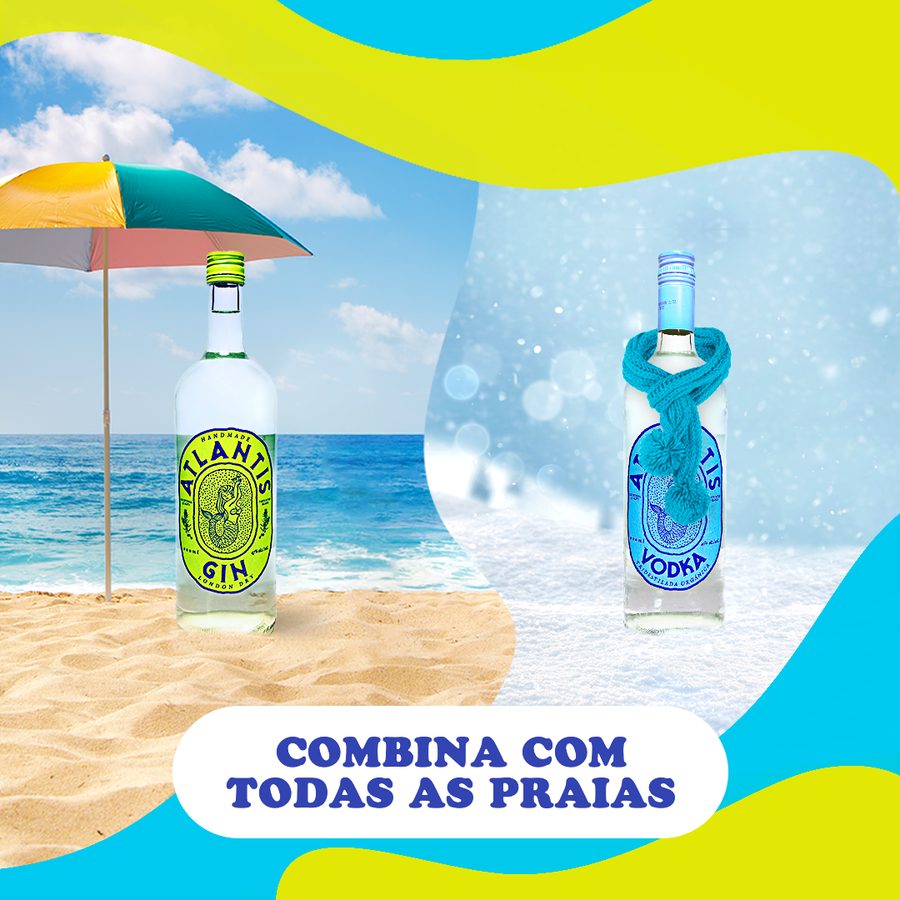 Peça Atlantis: garrafas na praia e na neve com o texto Combina com todas as praias