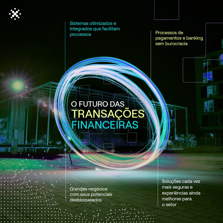 Peça Dock: composição luminosa com o texto O futuro das transações financeiras