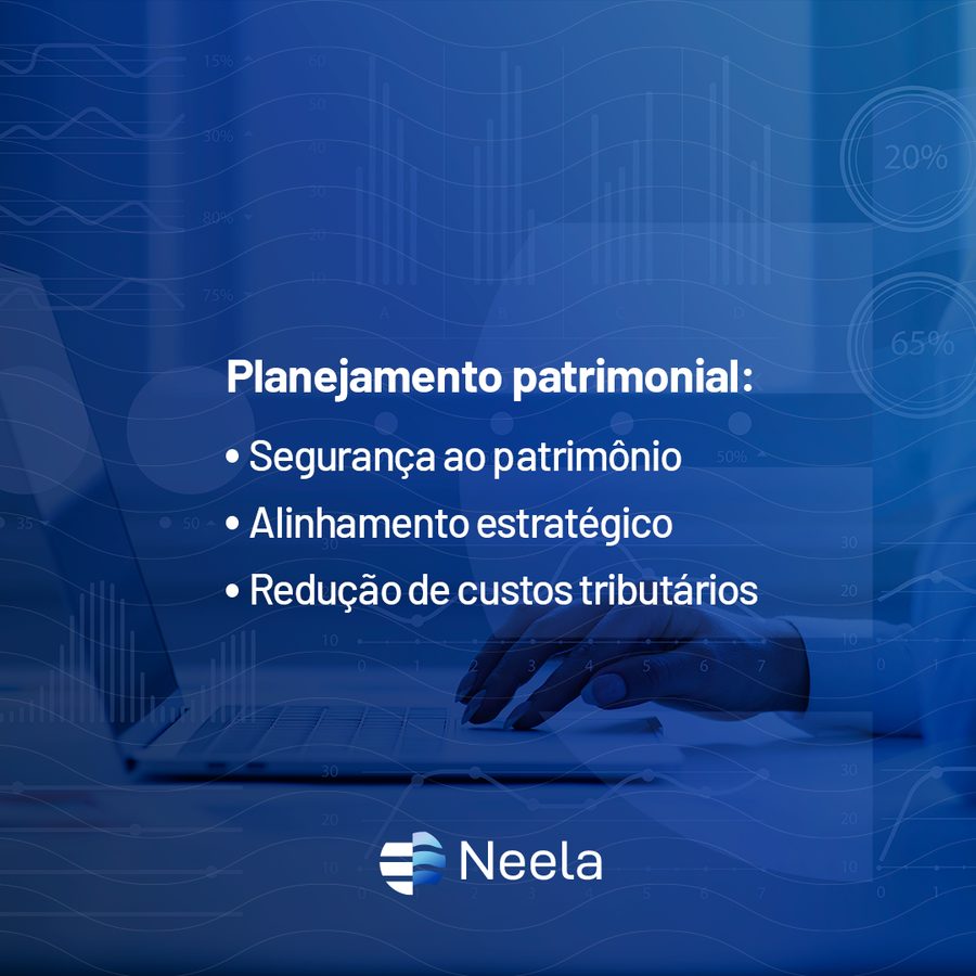 Peça Neela: laptop com gráficos e o texto Planejamento patrimonial