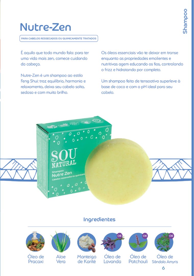 Página do shampoo Nutre-Zen com descrição e ingredientes